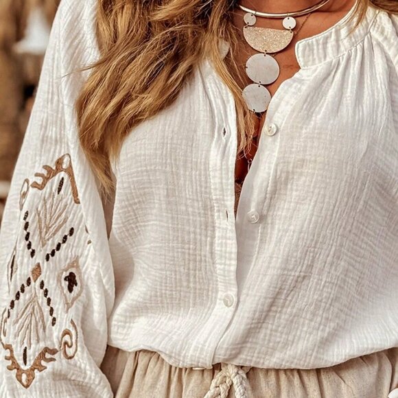 White Boho Women's Ivory Crochet V Neck Long Sleeve Cardigan Blouse - Picture 2 of 5